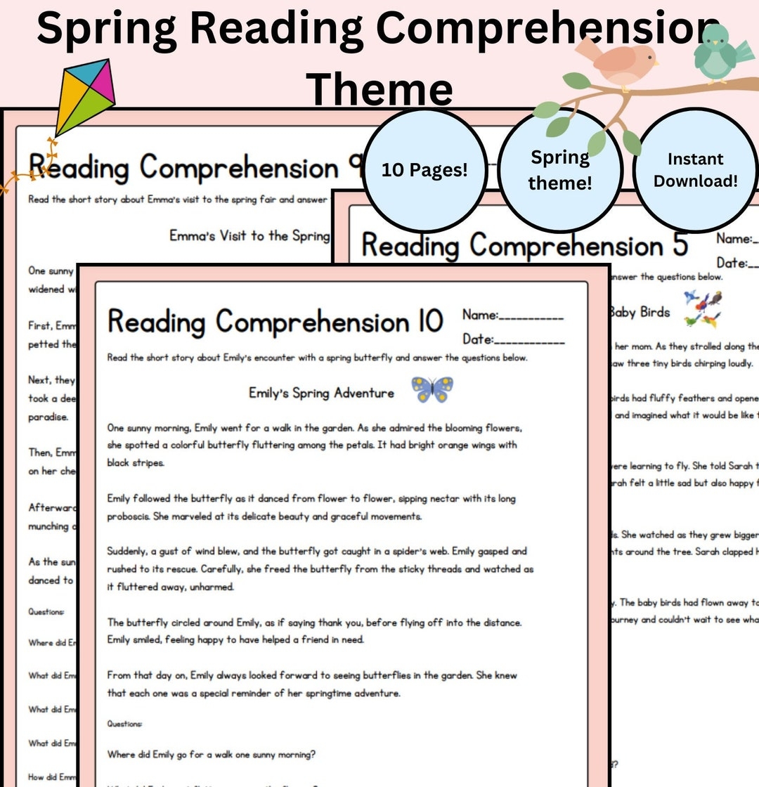 10 Spring Theme Reading Comprehension Worksheet First Grade Second Grade Reading Passages Instant Download PDF Spring Learning Etsy