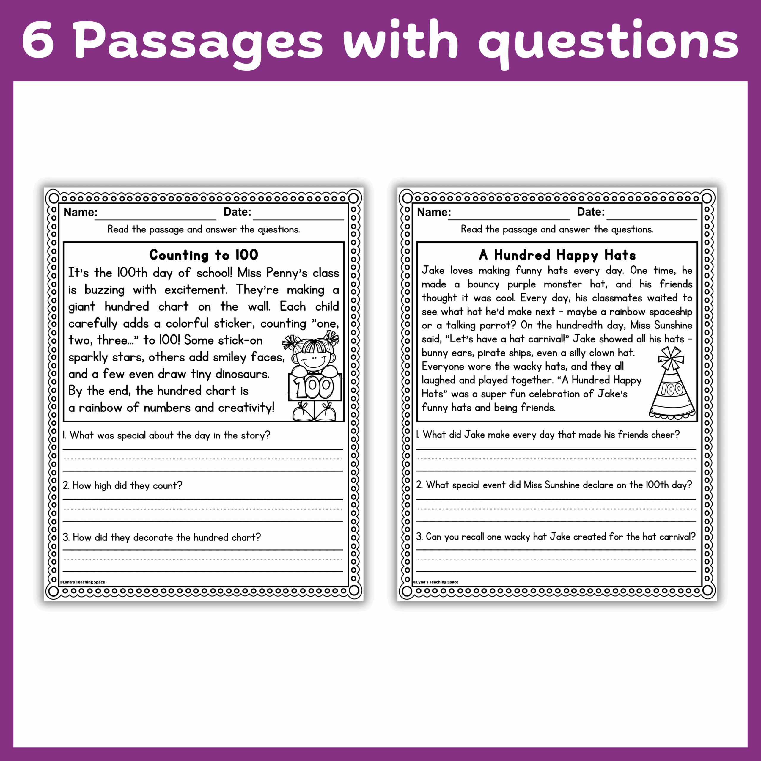 100th Day Of School Reading Comprehension Passages U0026 Questions Activities