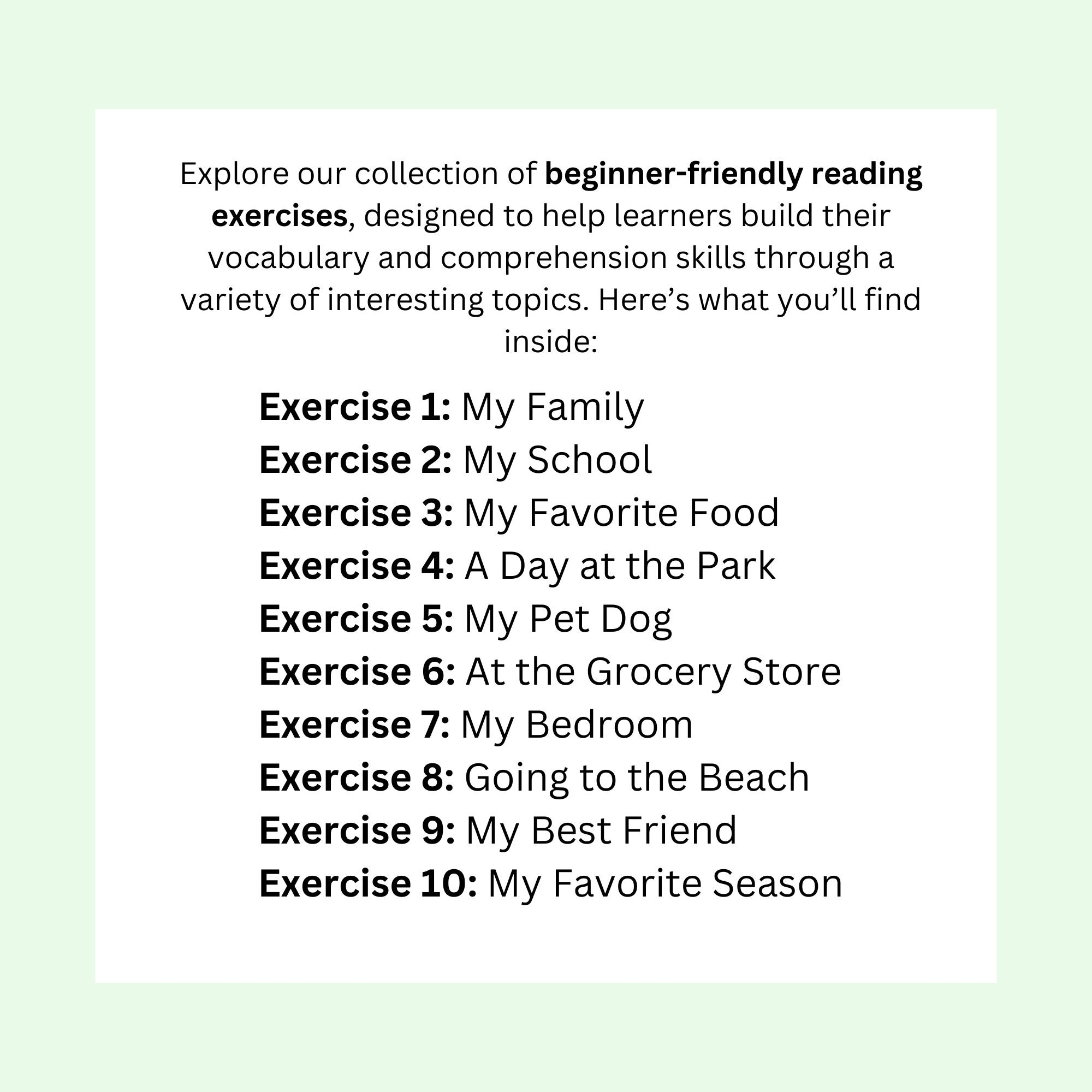 10pcs Reading Comprehension Exercises For A1 A2 Level ESL Learners 