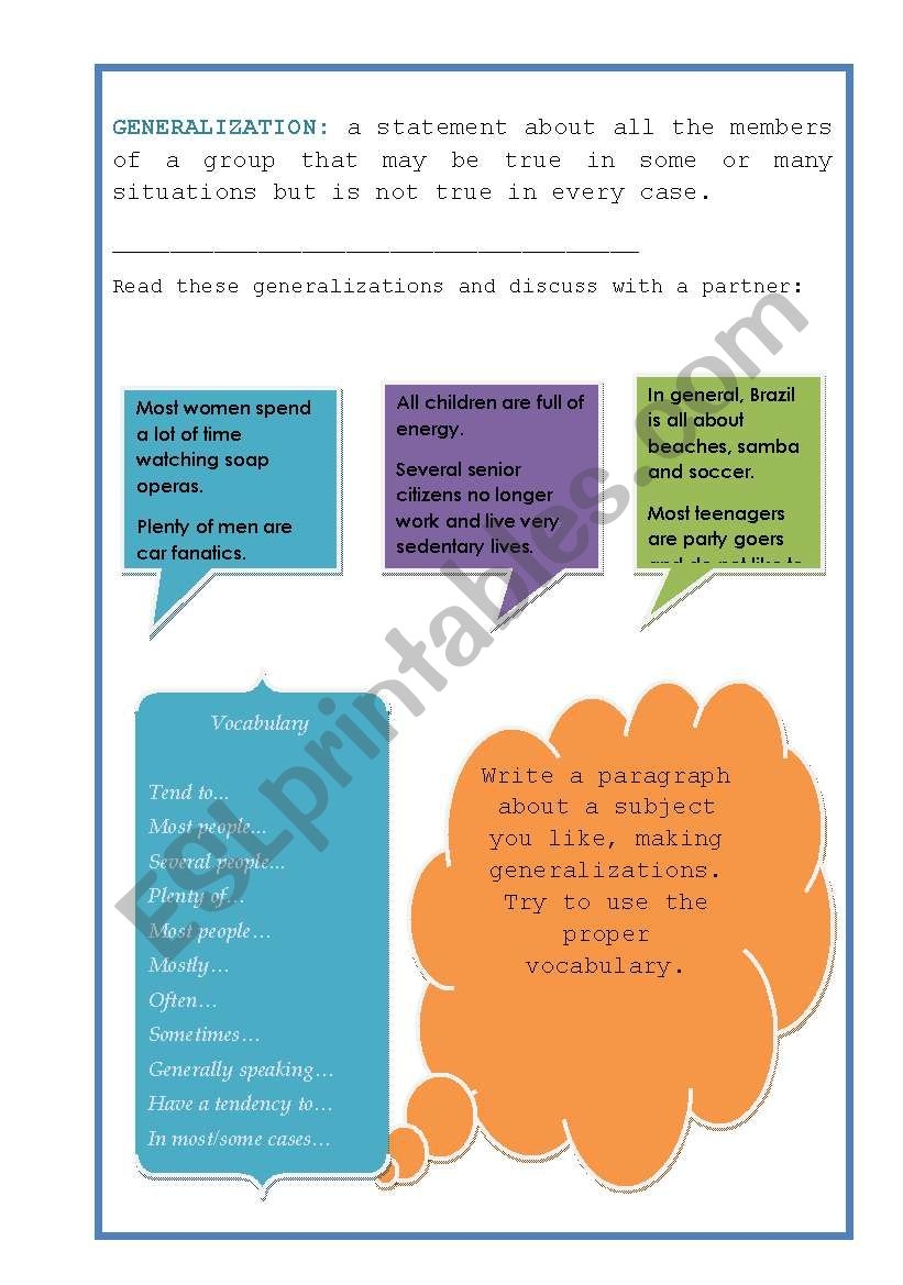 Making Generalizations Reading Comprehension Worksheet