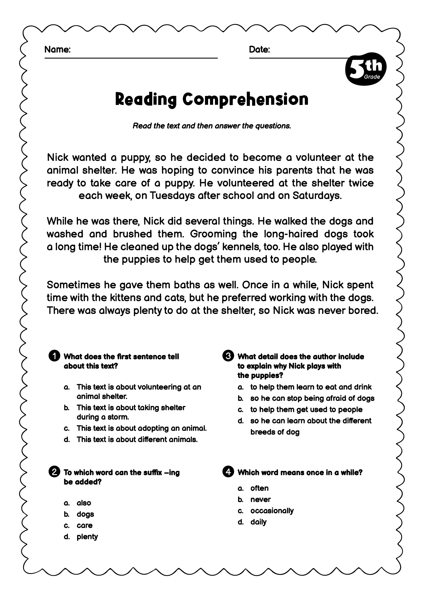Reading Comprehension Worksheets Pdf 5th Grade