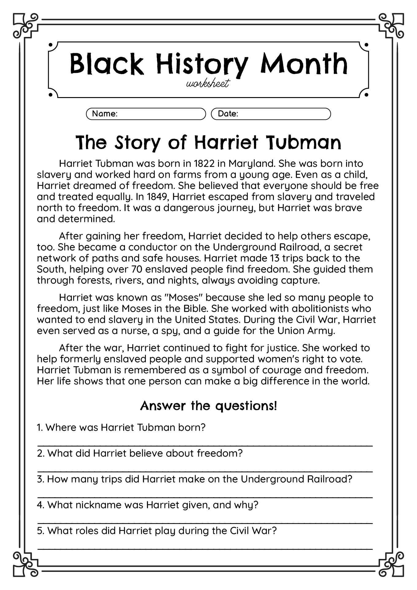 African American History Reading Comprehension Worksheet
