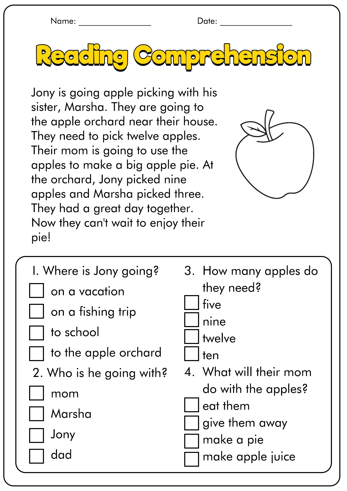 Apple Reading Comprehension Worksheet