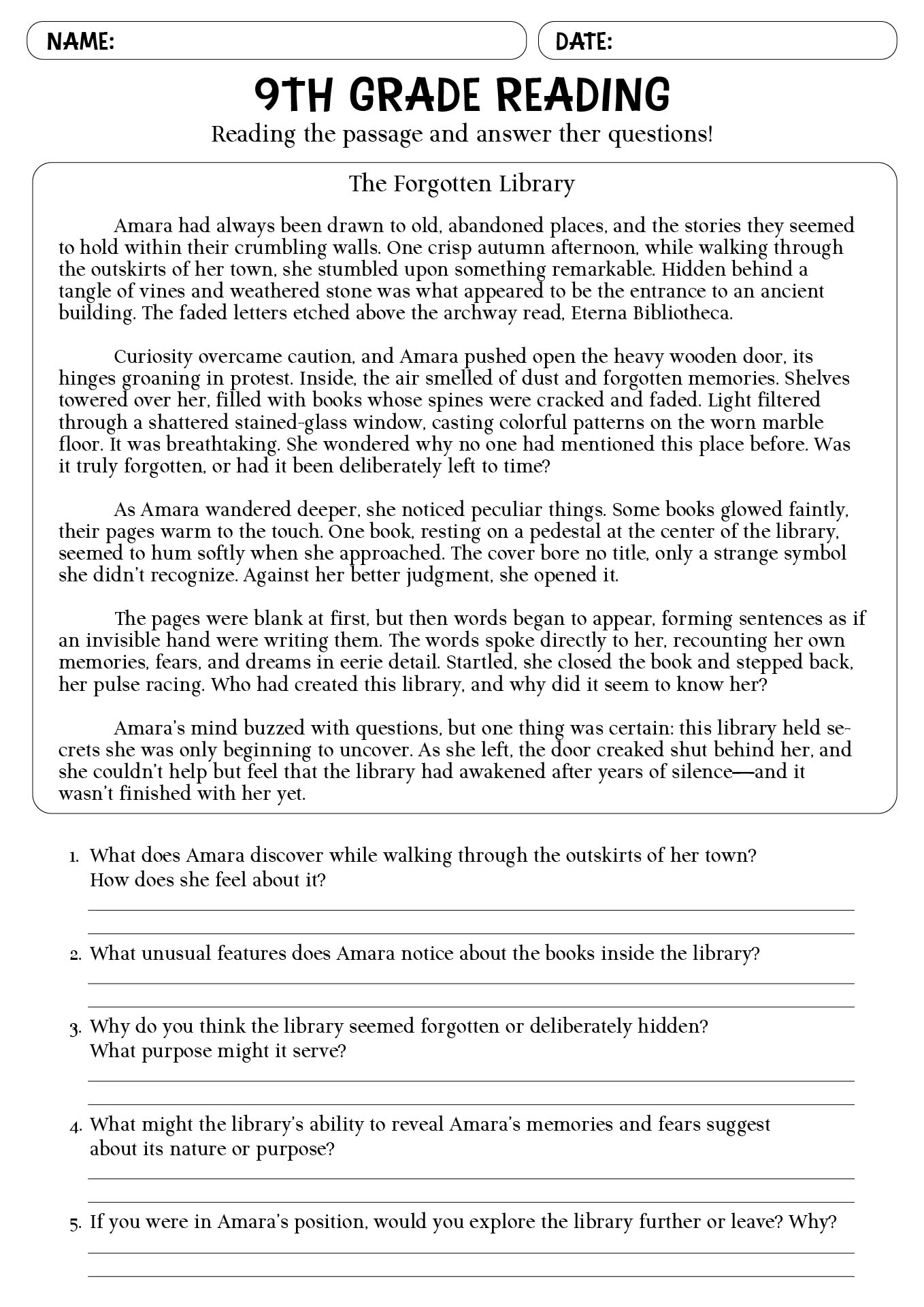 Ninth Grade Reading Comprehension Worksheet