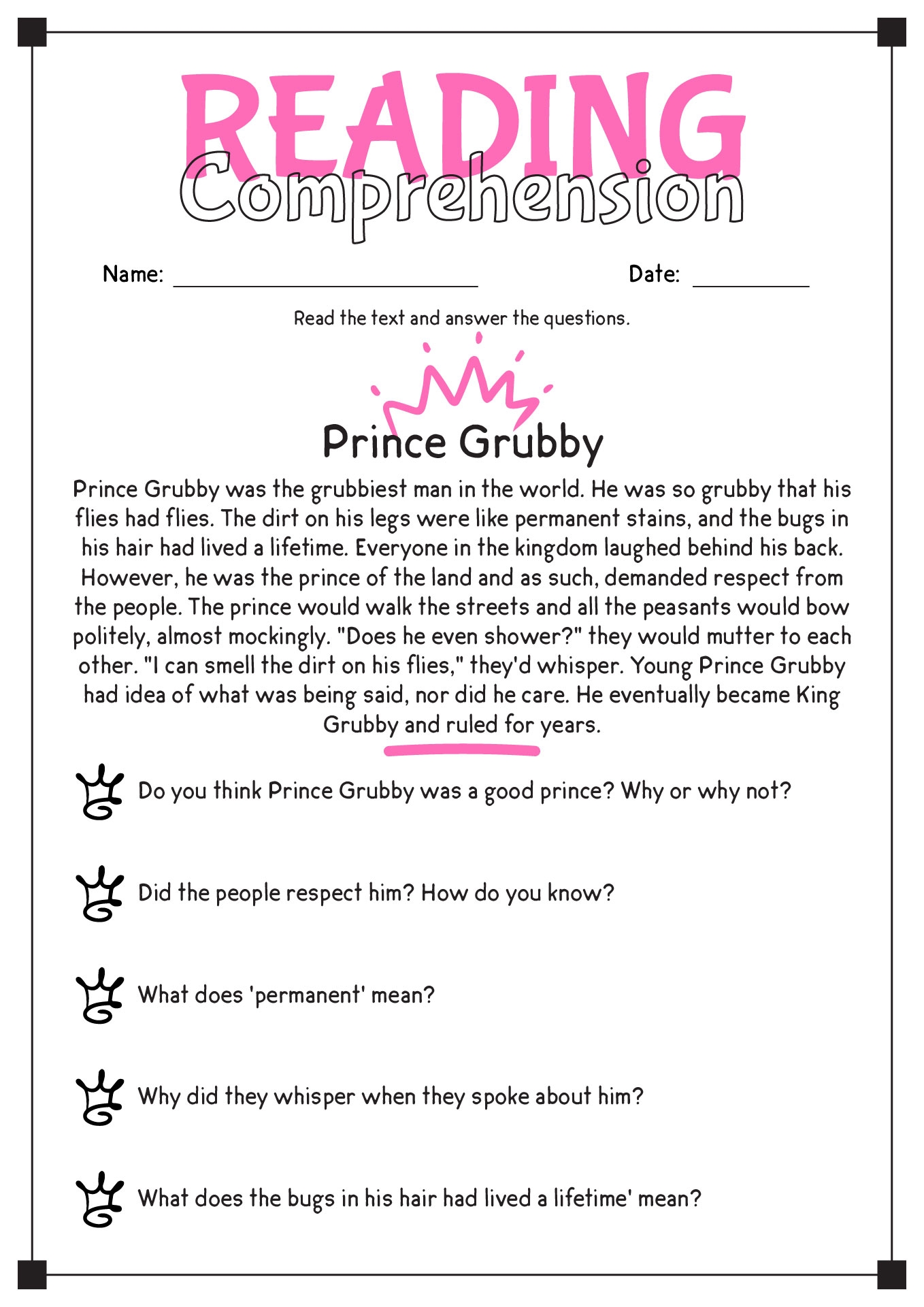 Grade 6 Reading Comprehension Pdf Worksheet
