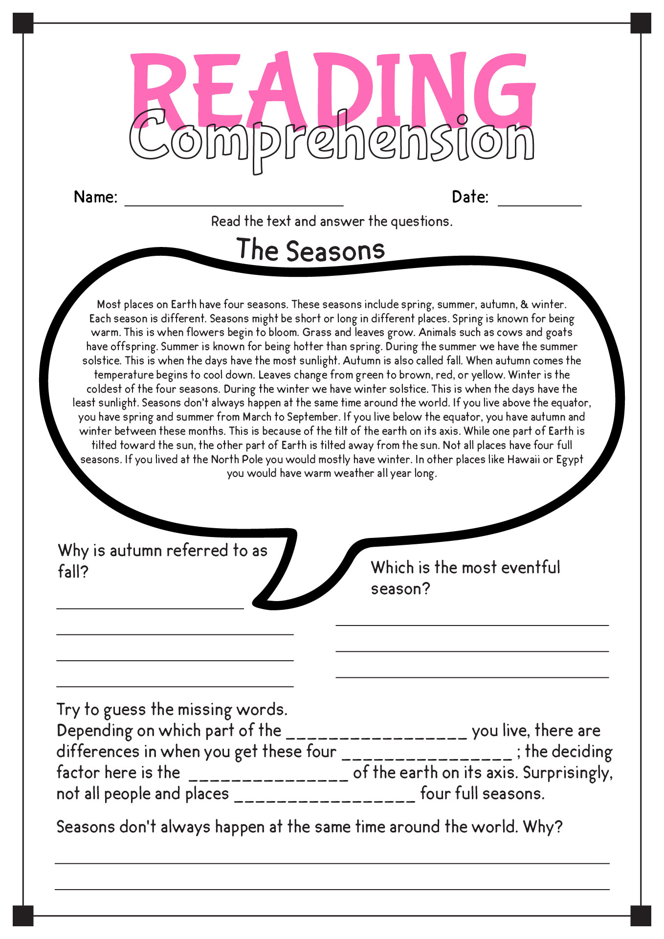 High School English Reading Comprehension Worksheets