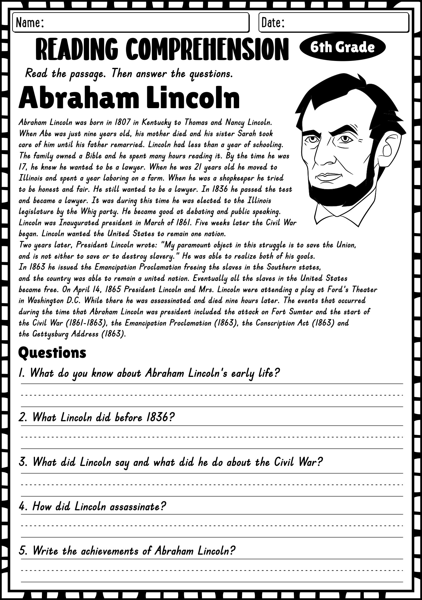 Printable 6th Grade Reading Comprehension Worksheets
