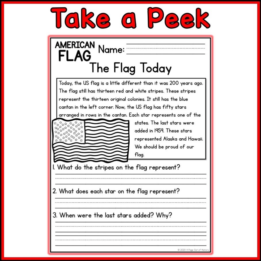 1st 2nd Grade Reading Comprehension American Flag Passages U0026 Questions Classroom Homeschool No Prep Printable Standards aligned Etsy