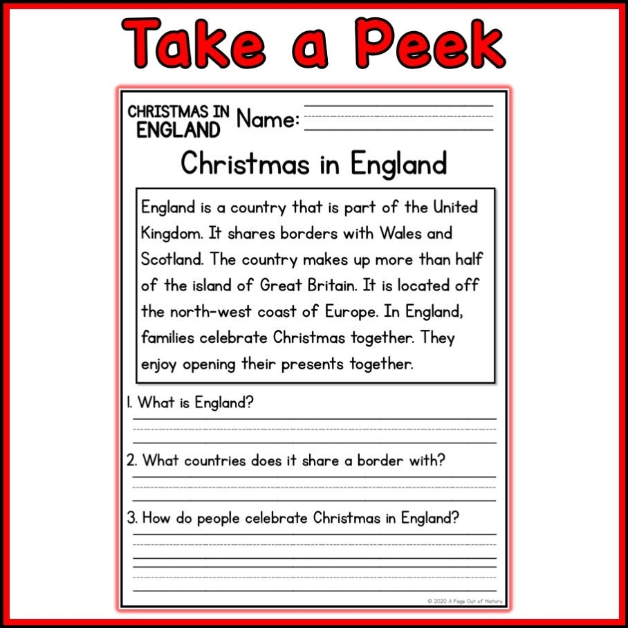 1st 2nd Grade Reading Comprehension Christmas In England Passages U0026 Questions Classroom Homeschool No Prep Printable Holidays Etsy UK