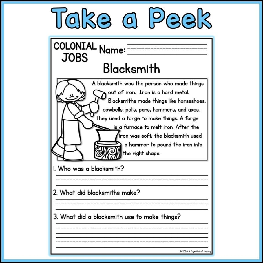 1st 2nd Grade Reading Comprehension Colonial Jobs Passages U0026 Questions Classroom Homeschool No Prep Printable Standards aligned Etsy