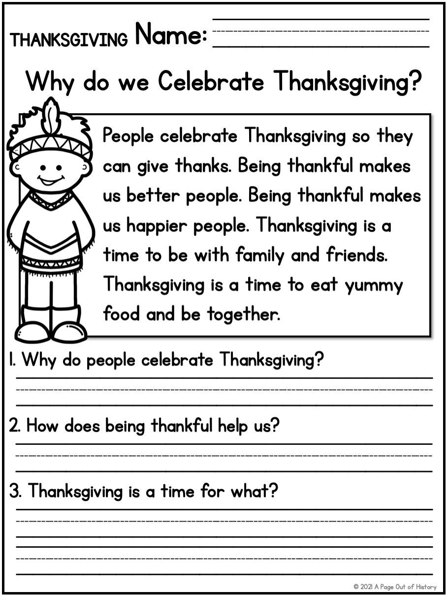 1st 2nd Grade Reading Comprehension Thanksgiving Passages 