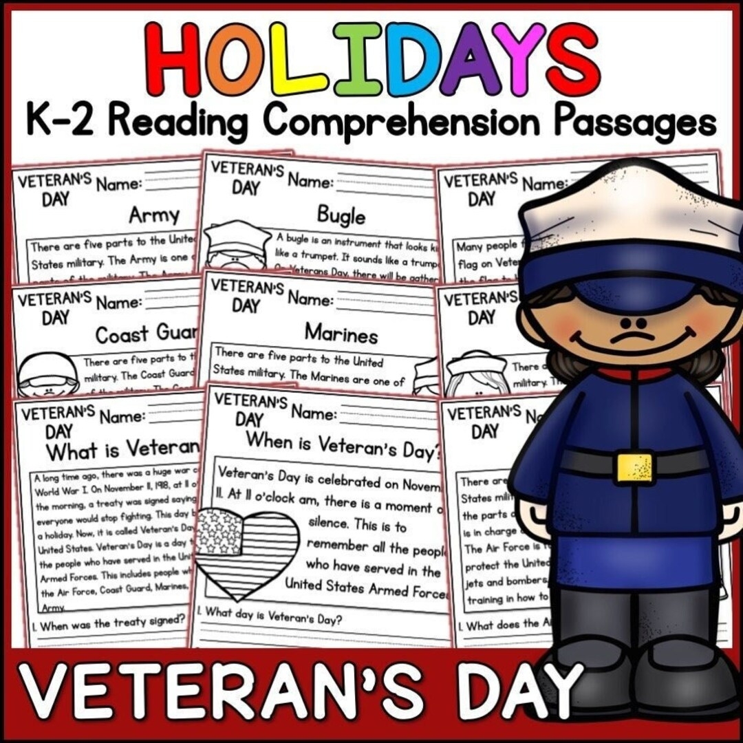 1st 2nd Grade Reading Comprehension Veterans Day Passages U0026 Questions Classroom Homeschool No Prep Printable Standards aligned Etsy