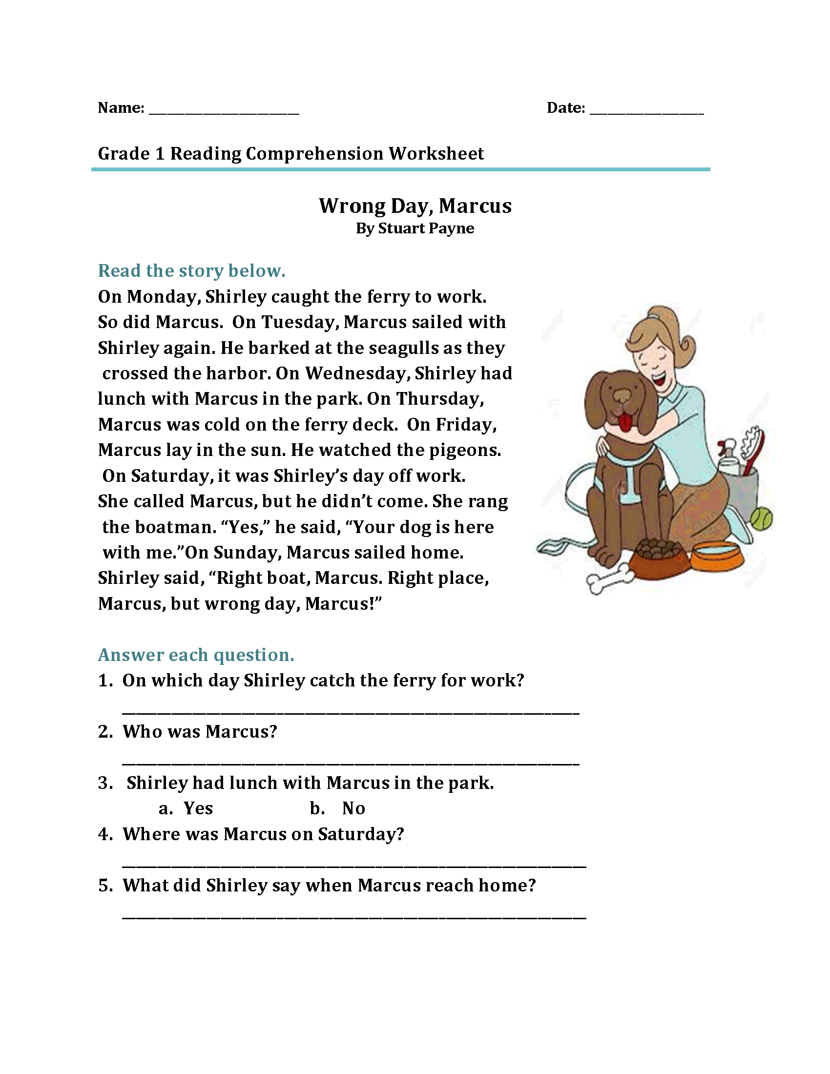 Free Worksheets Reading Comprehension 1st Grade