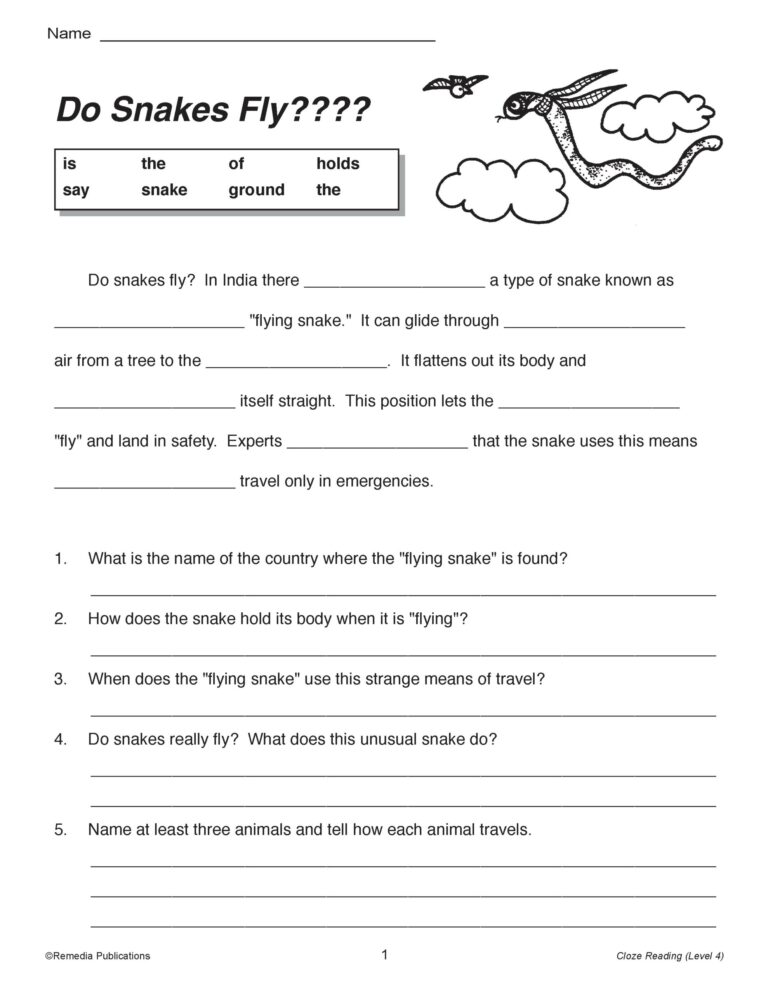 20 Cloze Passages And Comprehension Questions For Reading Level 5 