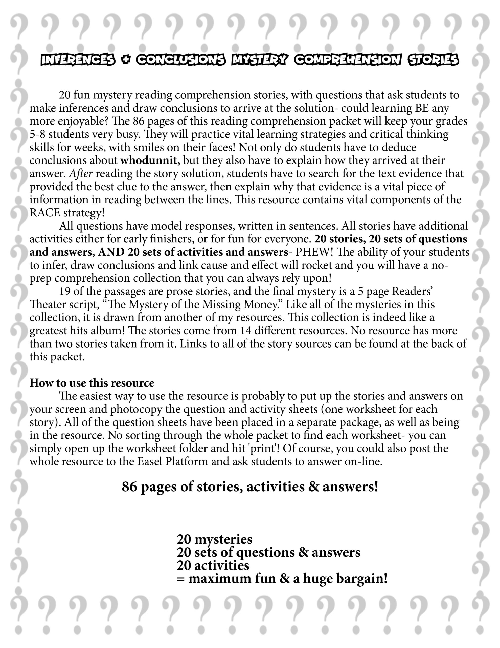 20 READING COMPREHENSION MYSTERY STORIES Inferences U0026 Conclusions Made By Teachers