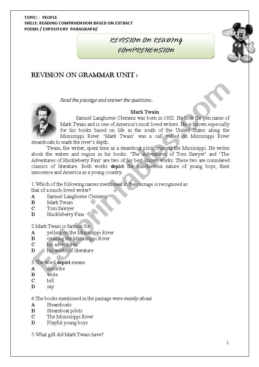 20 READING COMPREHENSION WITH MULTIPLE CHOICE ANSWERS ESL Worksheet By Azizi