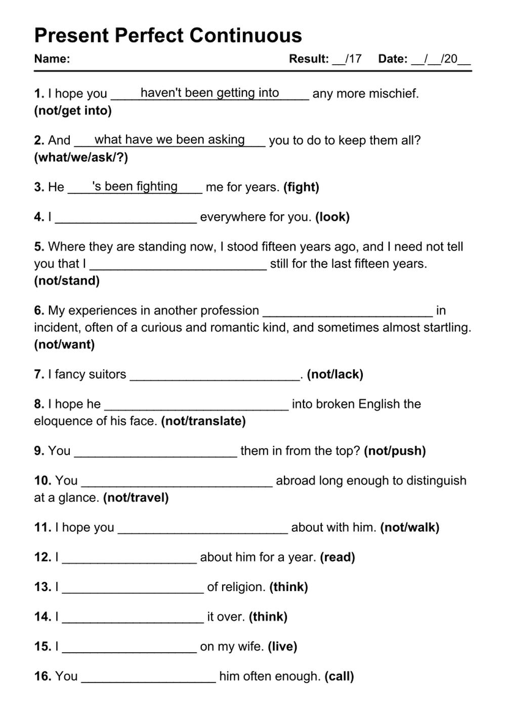 Present Perfect Continuous Reading Comprehension Worksheets