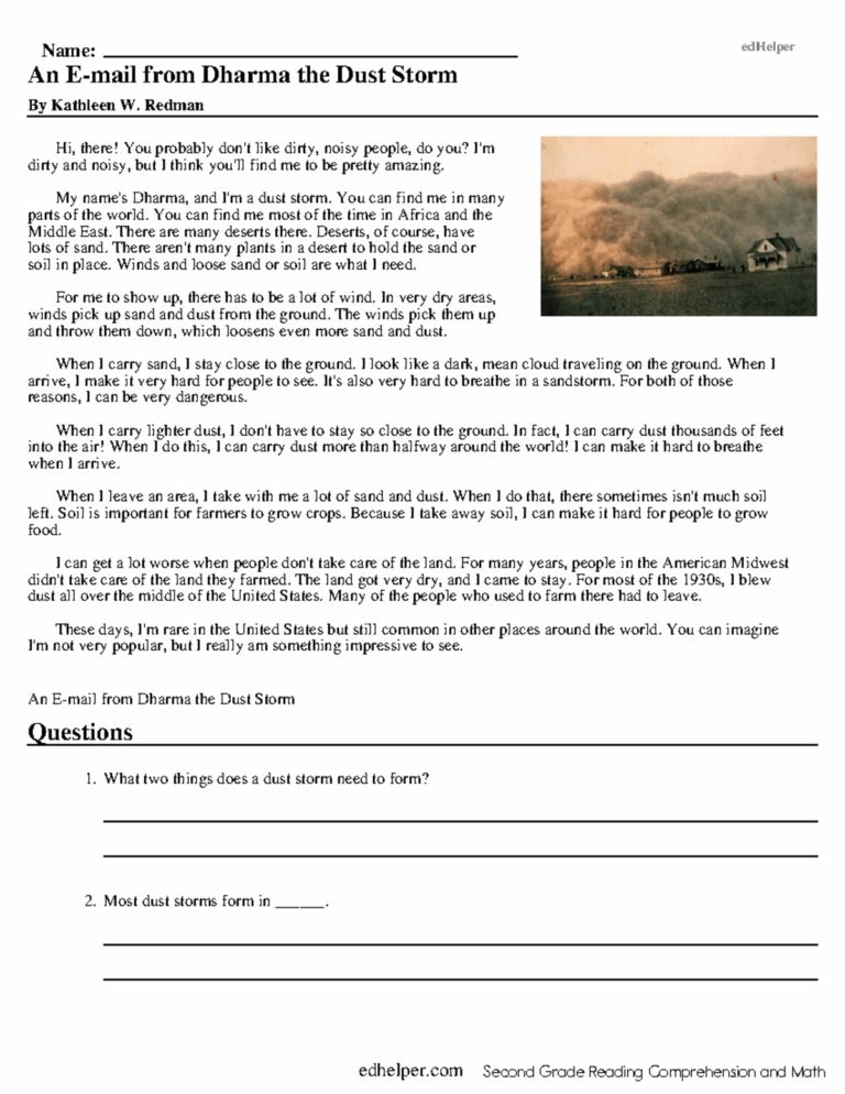 2nd Grade Reading Comprehension Worksheets Name EdHelper An E mail From Dharma The Dust Storm By Studocu