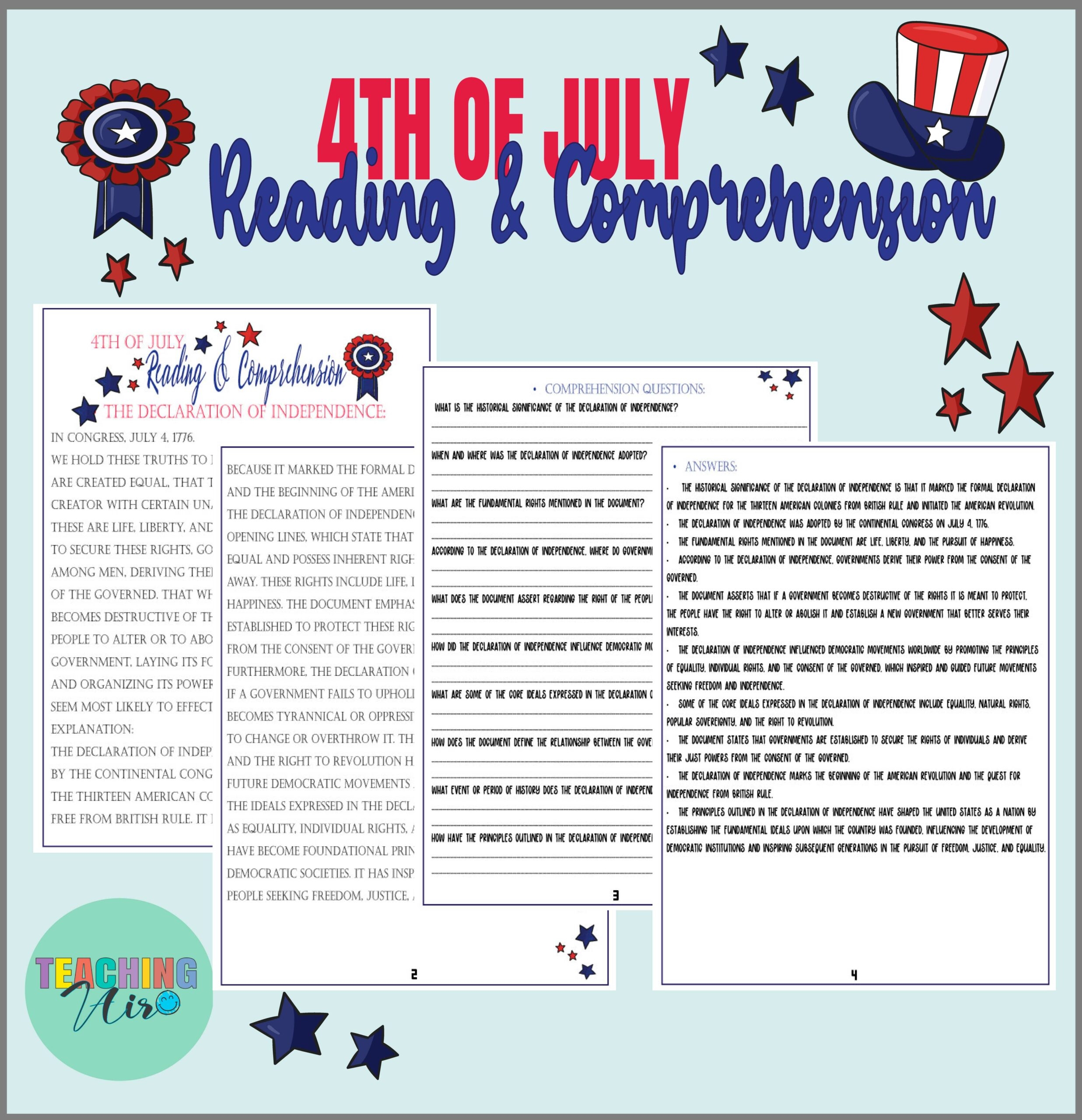 Declaration Of Independence Reading Comprehension Worksheet