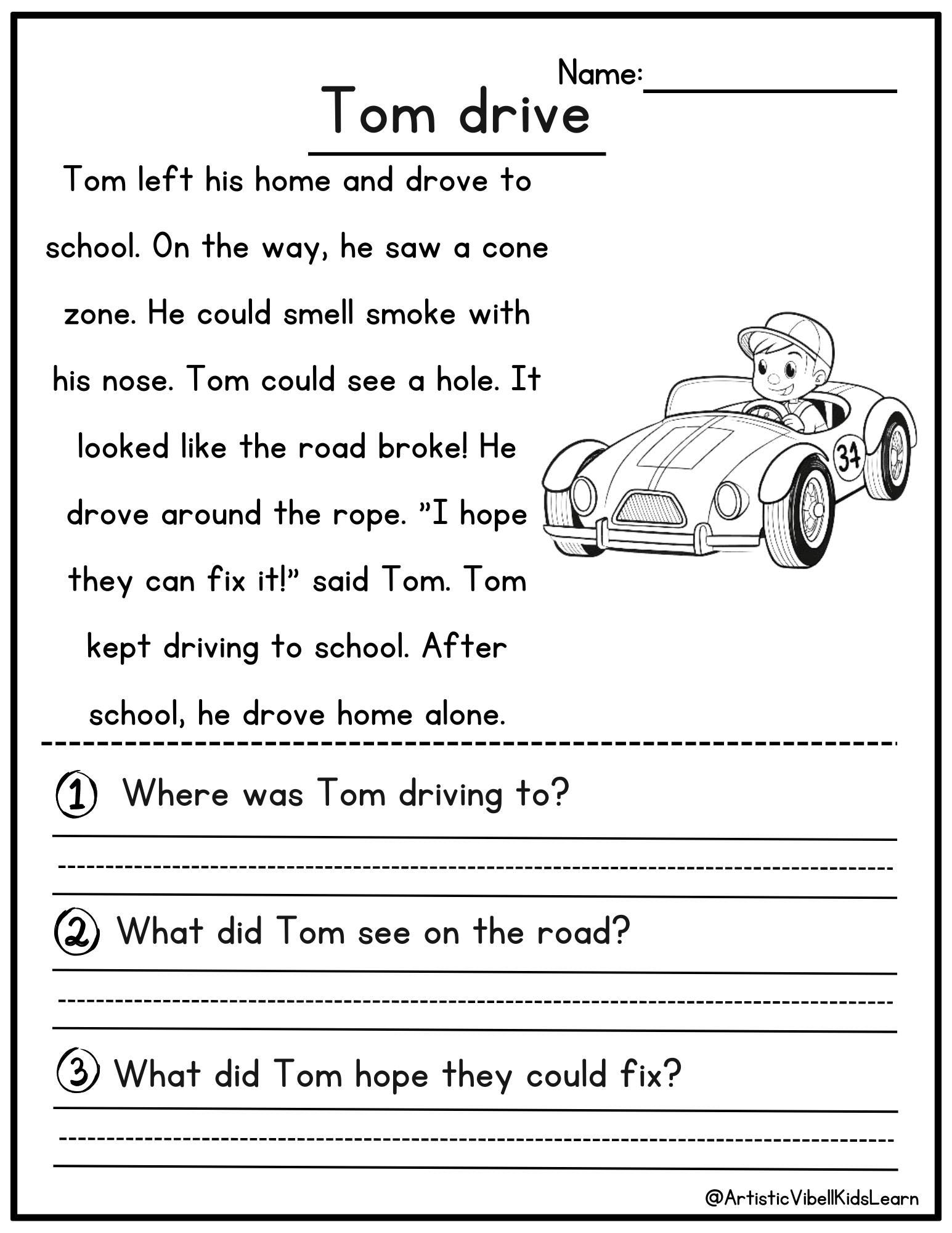 Cars Reading Comprehension Worksheets