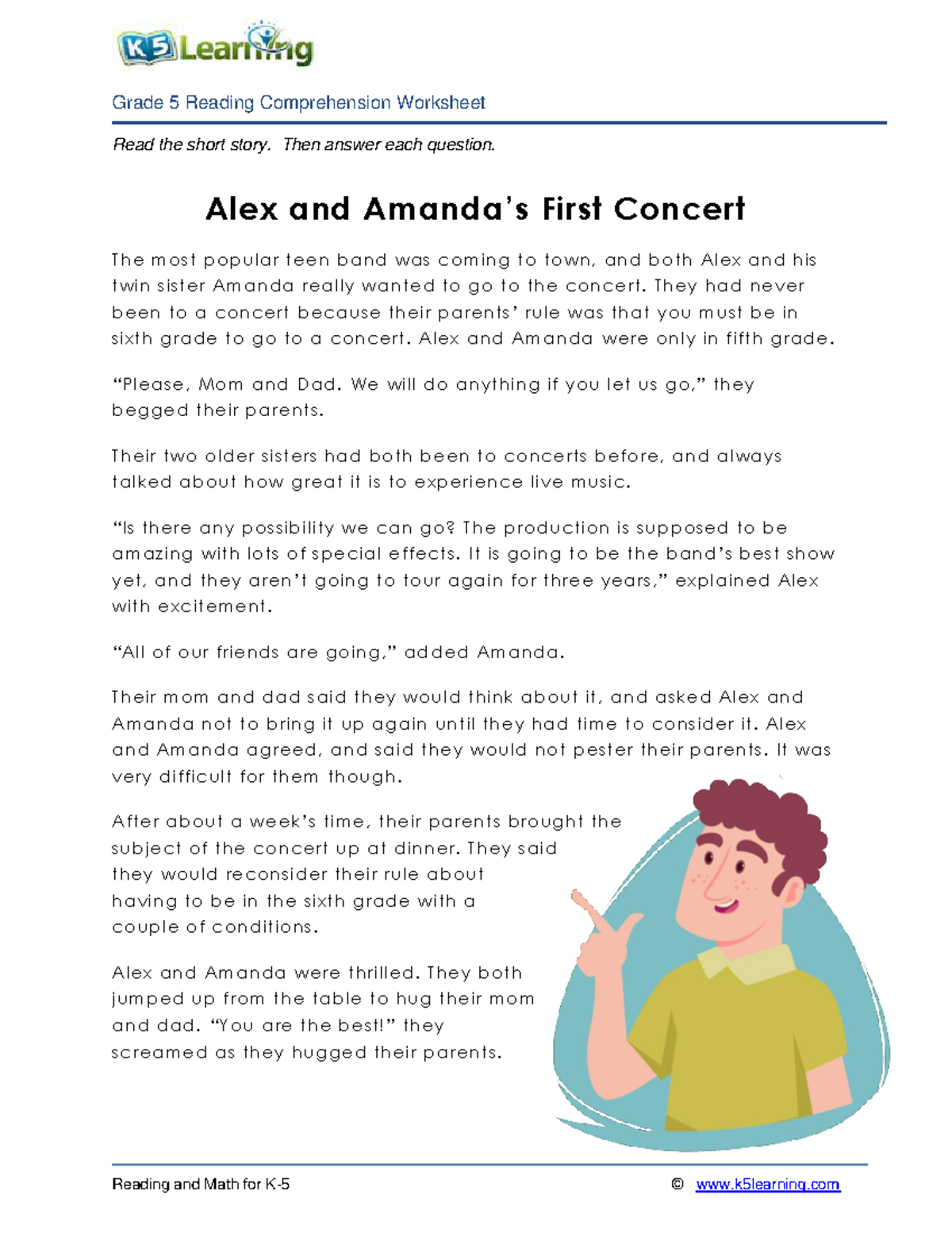 5th Grade 5 Reading First Concert Read The Short Story Then Answer Each Question Alex And Studocu