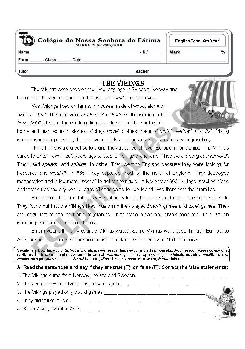 6th Year Test The Vikings ESL Worksheet By Atsitab