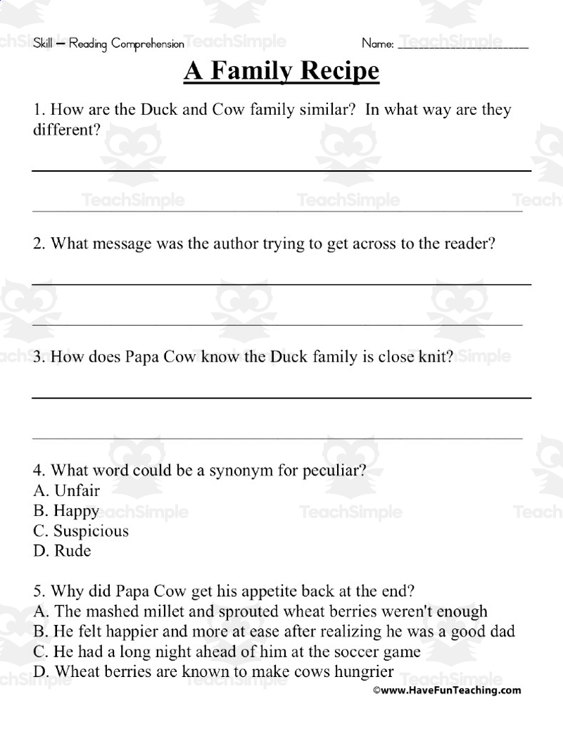 A Family Recipe Reading Comprehension Worksheet