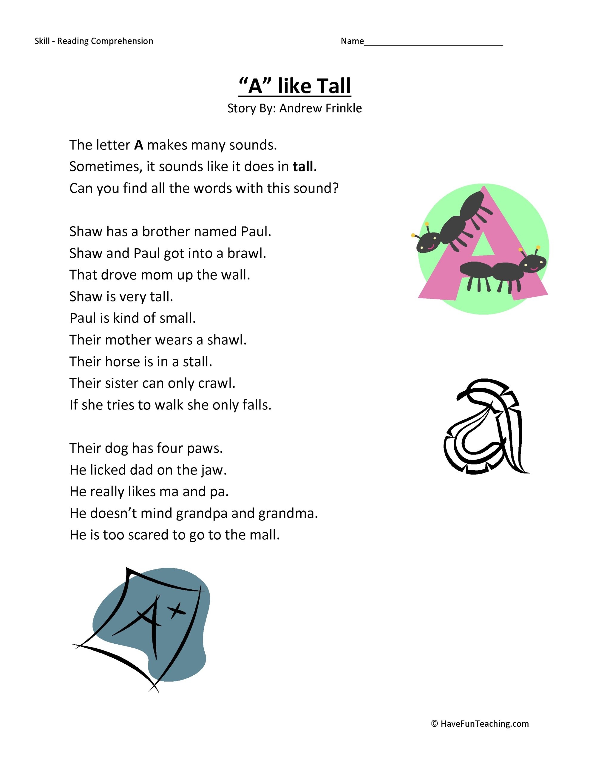 A Like Tall Reading Comprehension Worksheet Have Fun Teaching