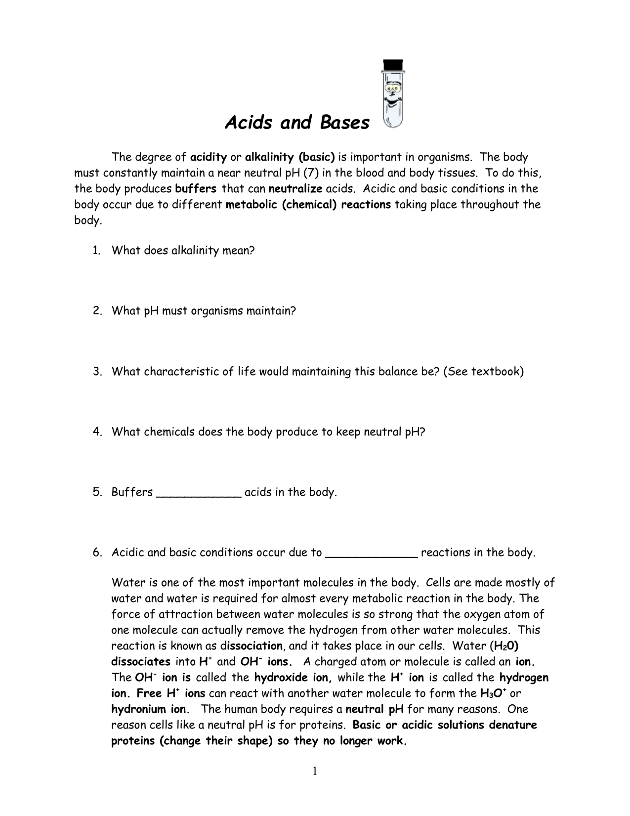 Acids And Bases Worksheet PH Buffers And Neutralization