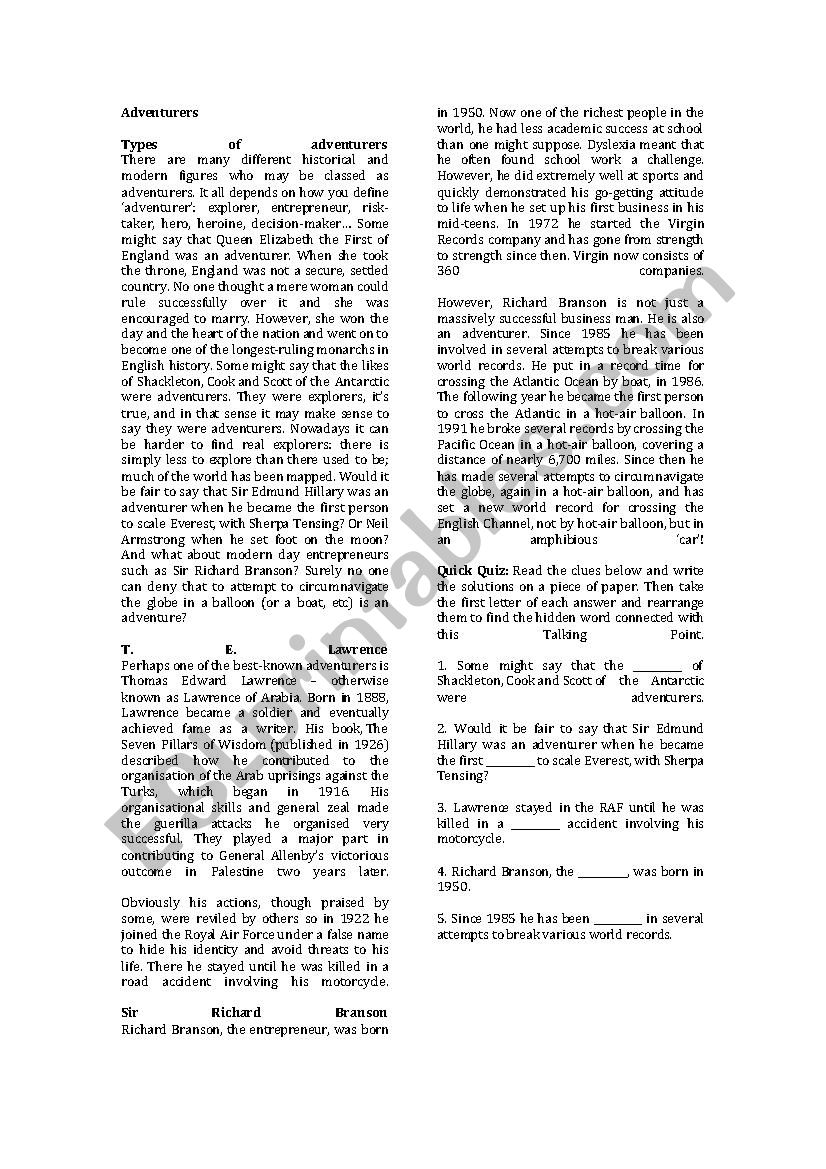 Adventure Reading Comprehension ESL Worksheet By Pmendizabal