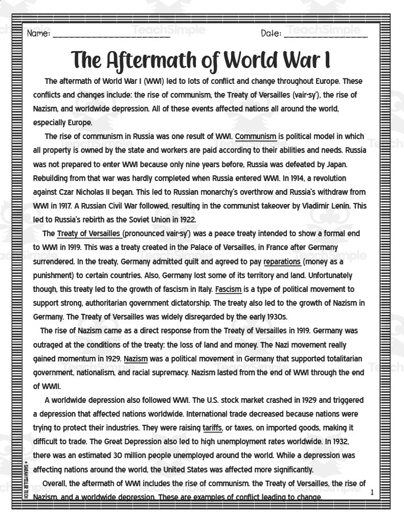 Aftermath Of World War I Reading Packet By Teach Simple