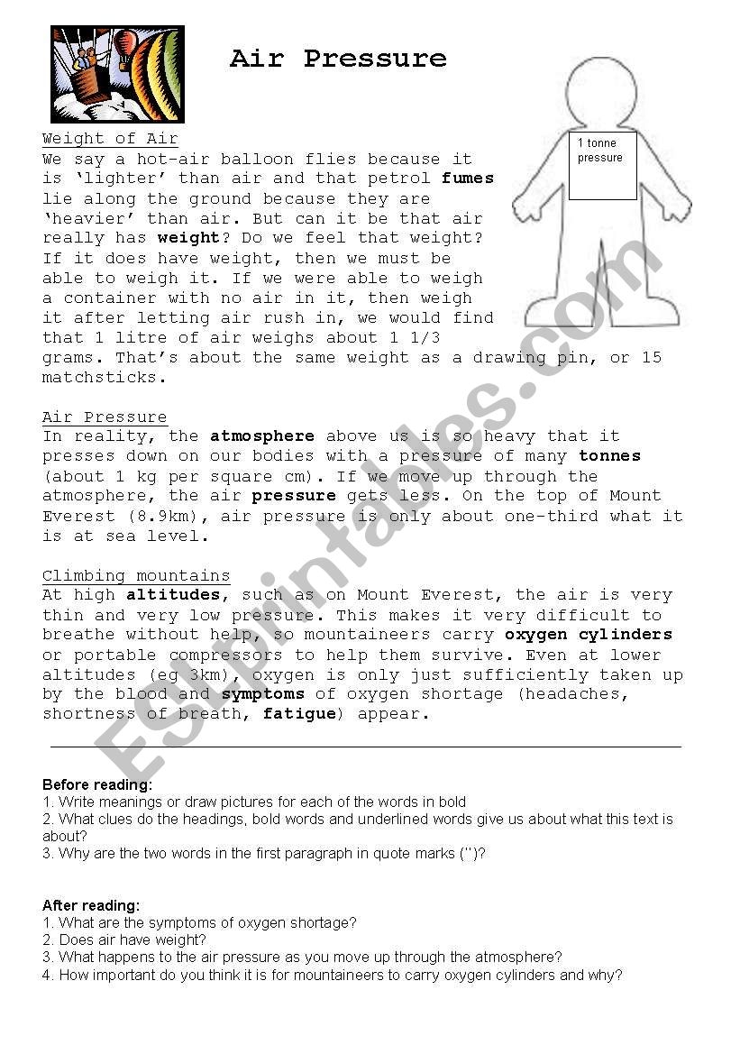 Air Pressure Reading ESL Worksheet By Evergreen