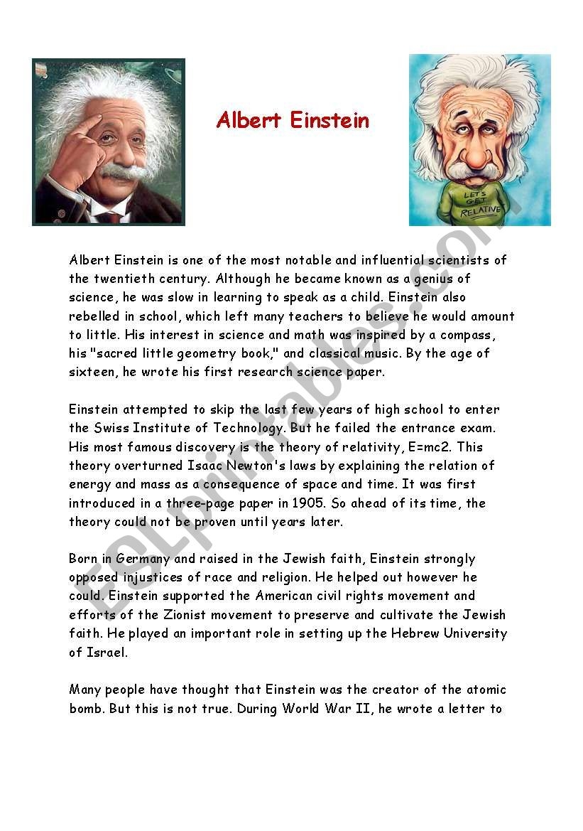 Albert Einstein ESL Worksheet By Jonnyc81