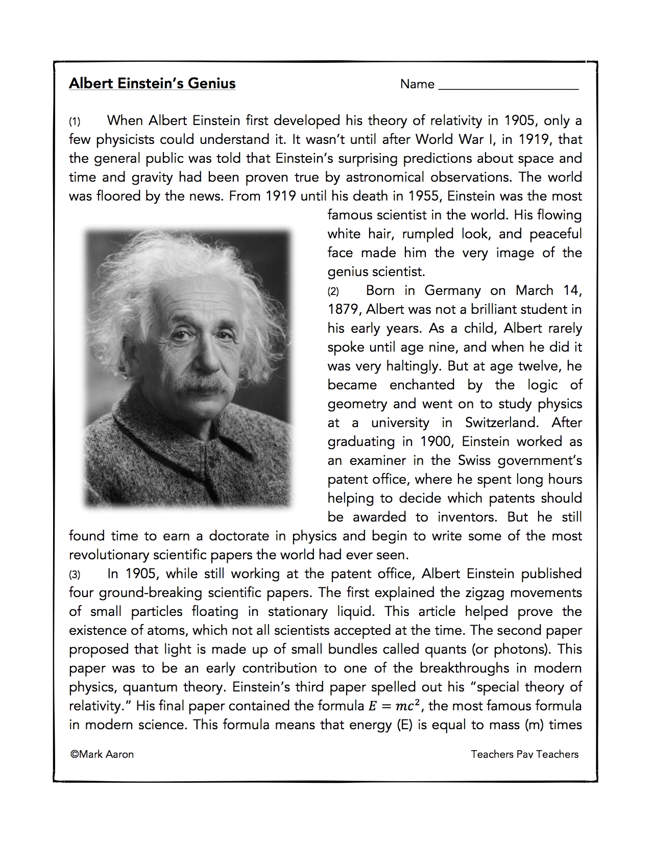 Albert Einstein Reading Comprehension Passage And Assessment Classful