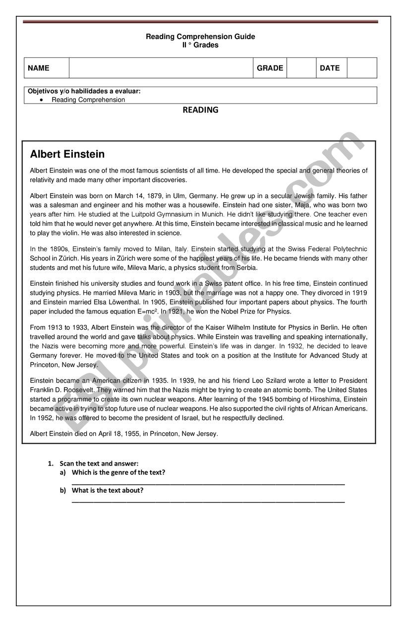 Albert Einstein Reading Comprehension Text ESL Worksheet By Kasami