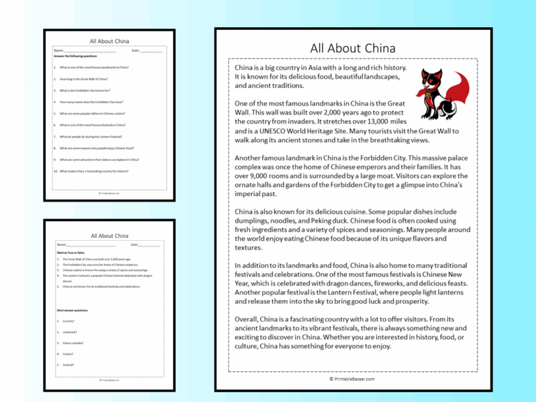 All About China Reading Comprehension Passage Printable Worksheet Teaching Resources