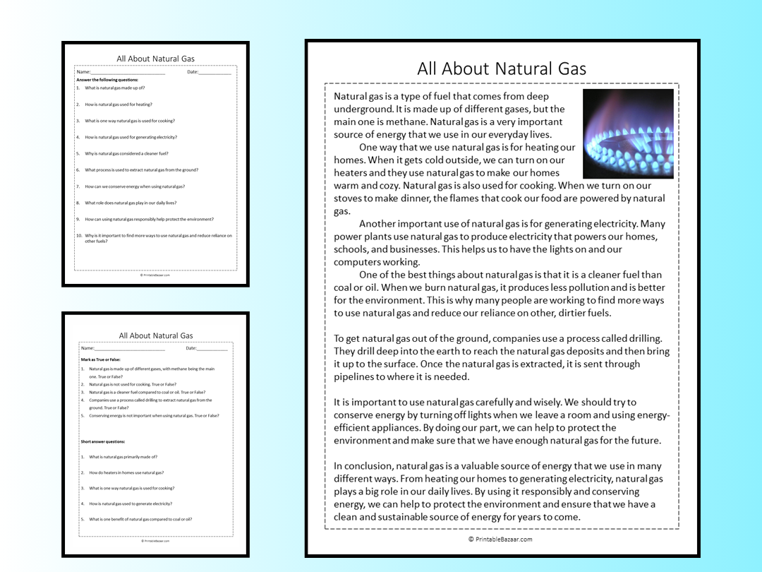 All About Natural Gas Reading Comprehension Passage Printable 