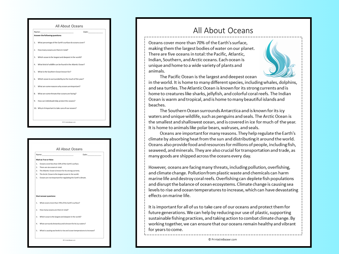 All About Oceans Reading Comprehension Passage Printable Worksheet Teaching Resources