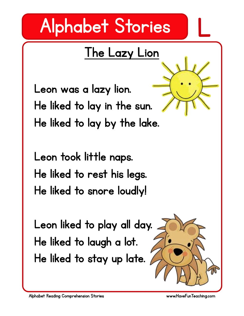 Alphabet Stories Letter L Reading Comprehension Worksheet Have Fun Teaching