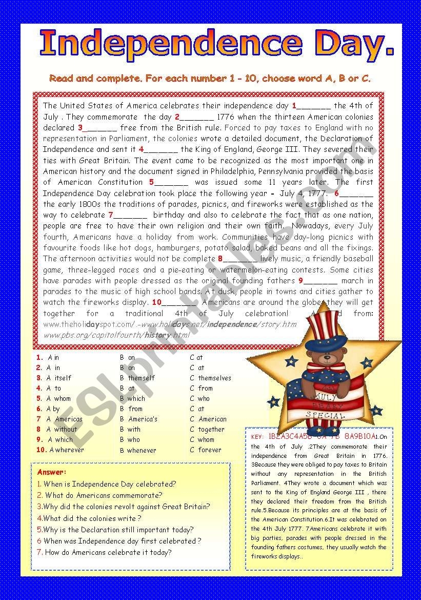 Fourth Of July Reading Comprehension Worksheets