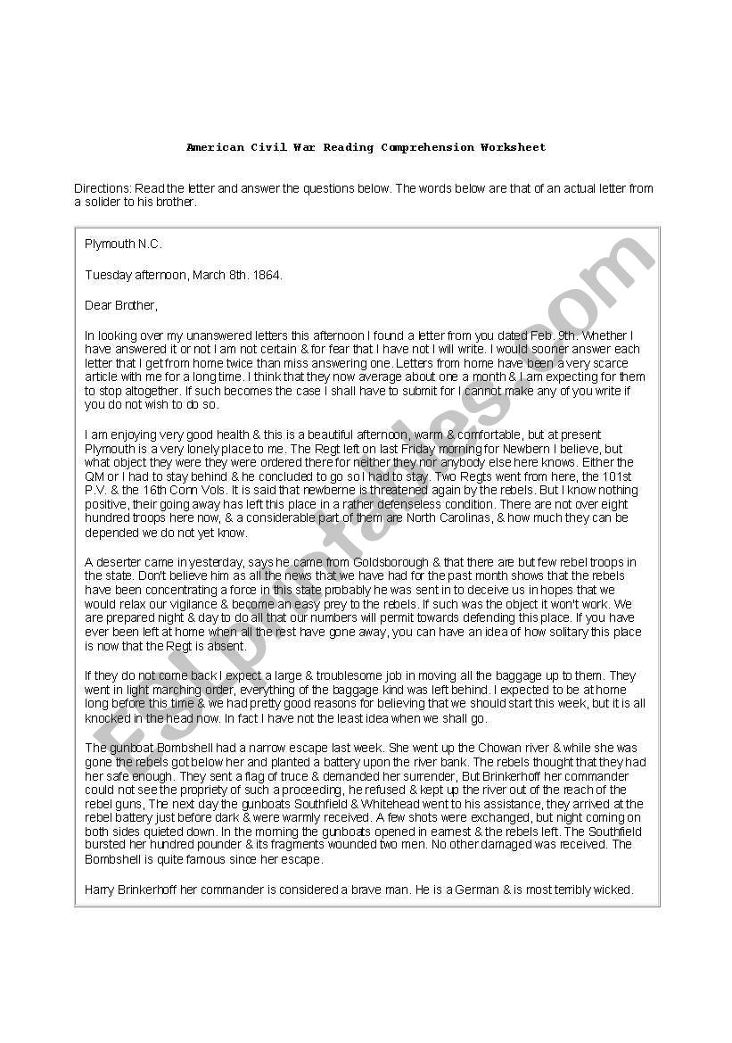 The Civil War Reading Comprehension Worksheets