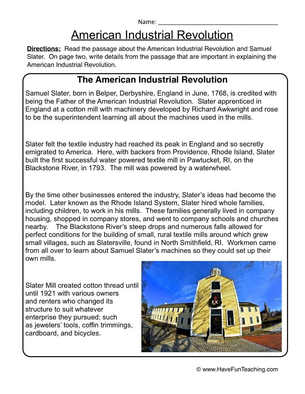 American Industrial Revolution Worksheet Have Fun Teaching
