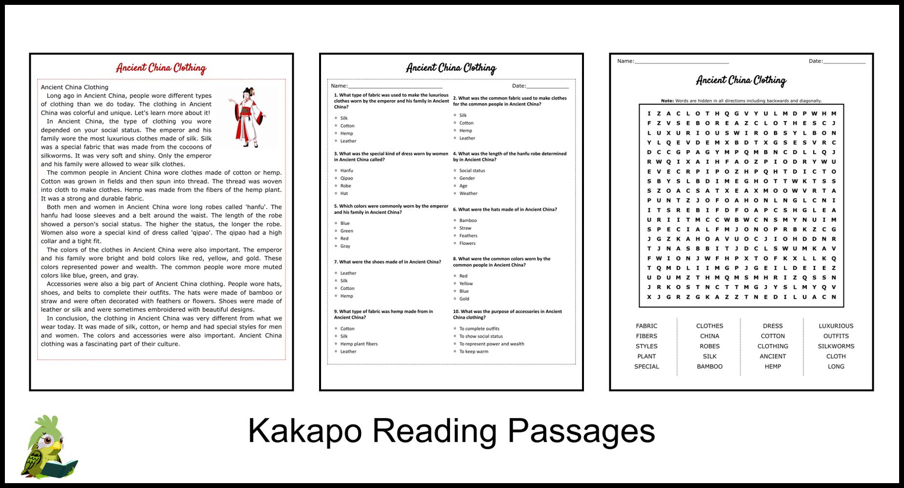 Ancient China Clothing Reading Comprehension And Word Search 