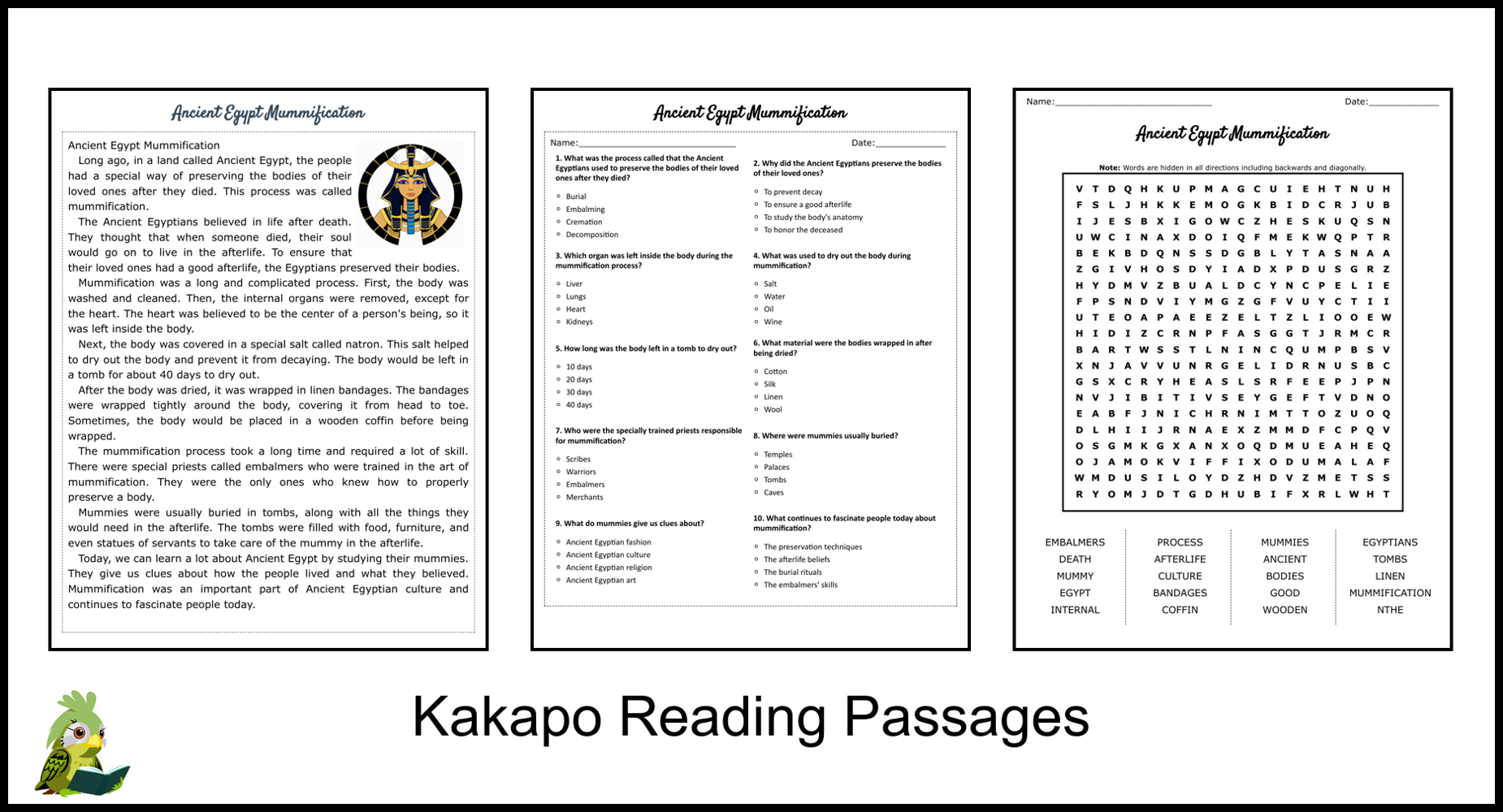 Ancient Egypt Mummification Reading Comprehension And Word Search Teaching Resources