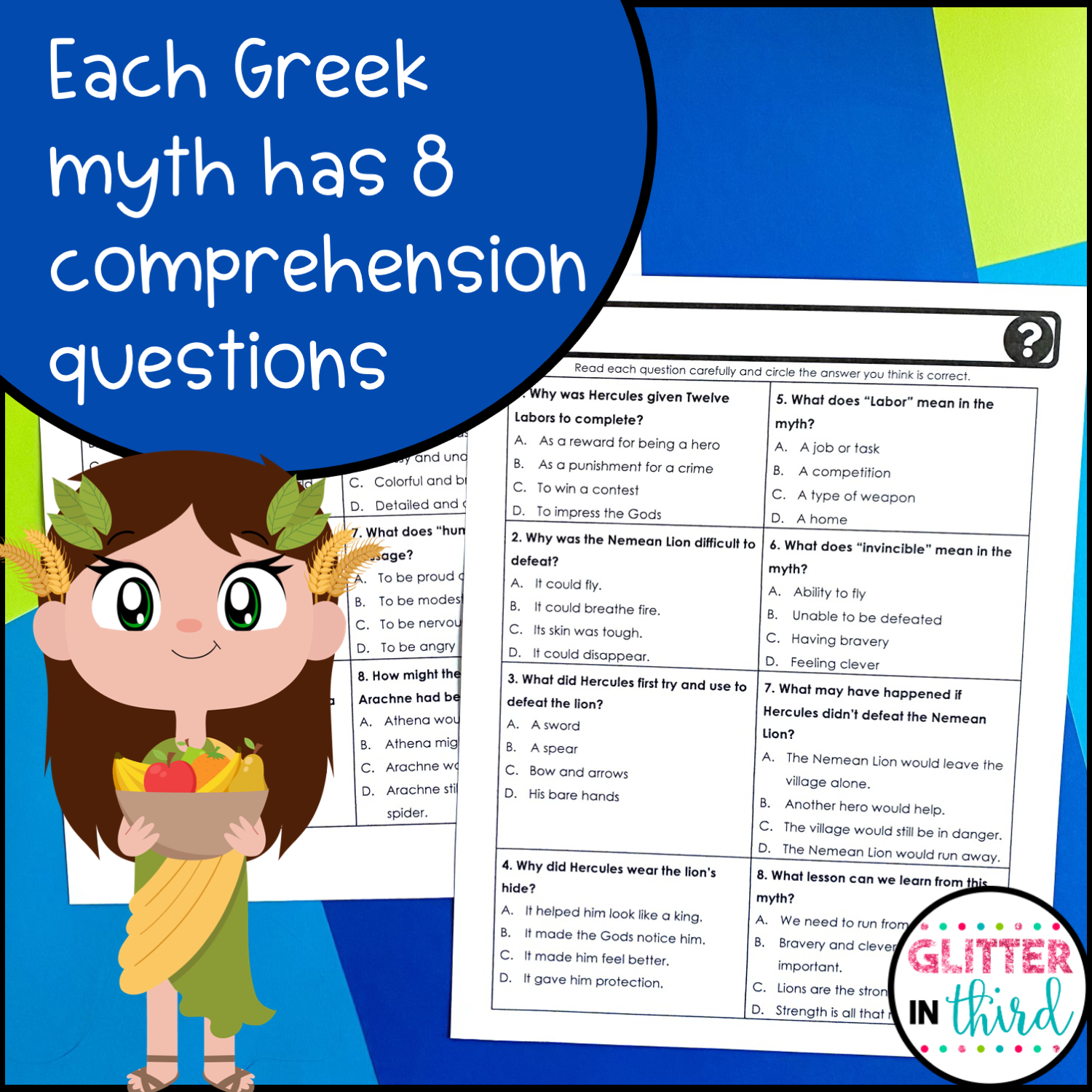 Ancient Greek Mythology Reading Comprehension Passages Glitter In Third