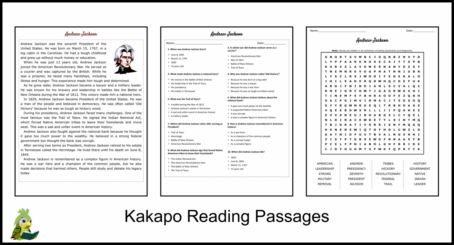 Andrew Jackson Reading Comprehension Worksheet - Reading Comprehension ...