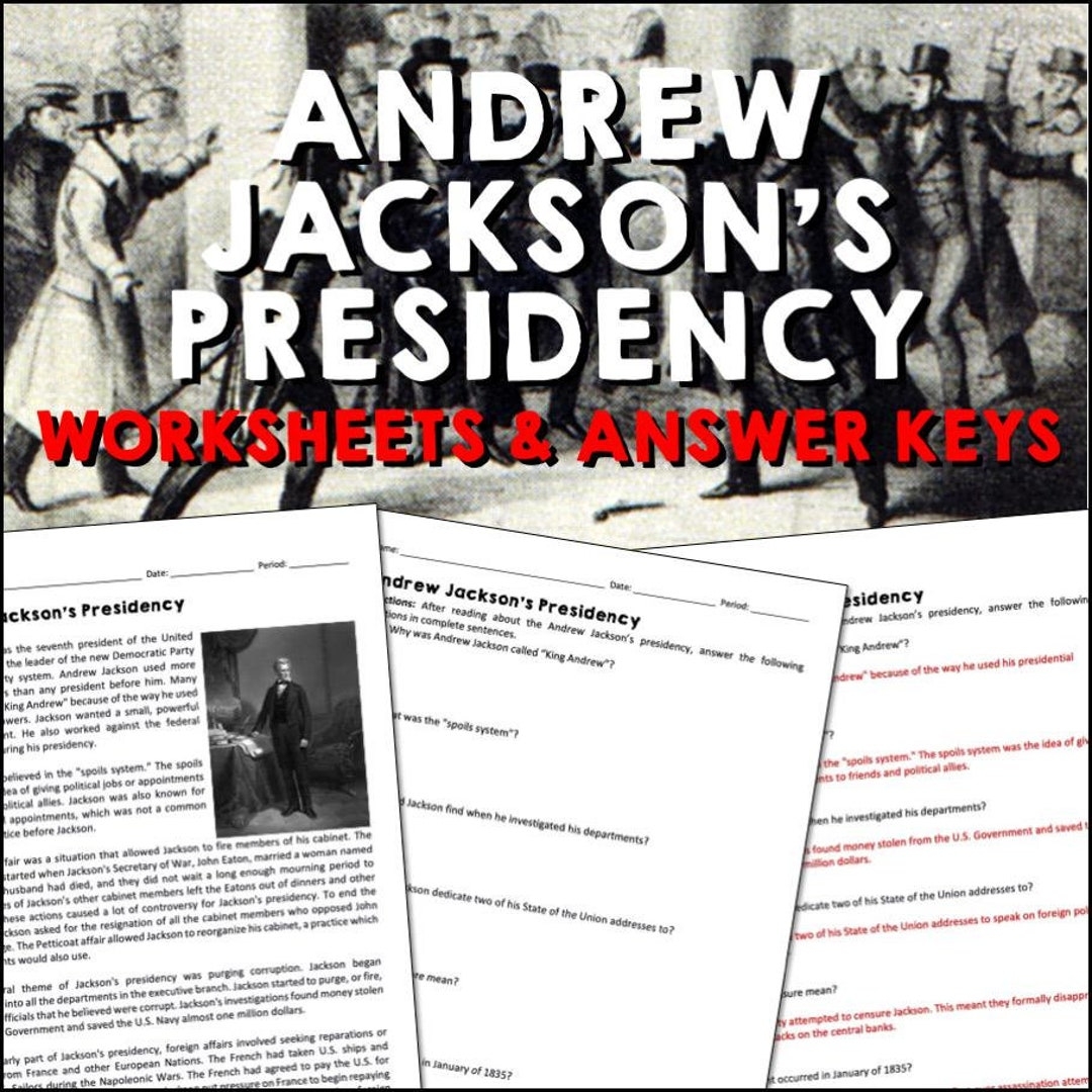 Andrew Jacksons Presidency Age Of Jackson Reading Worksheets And Answer Keys 6 12 Homeschool US American History Printable Lesson Etsy