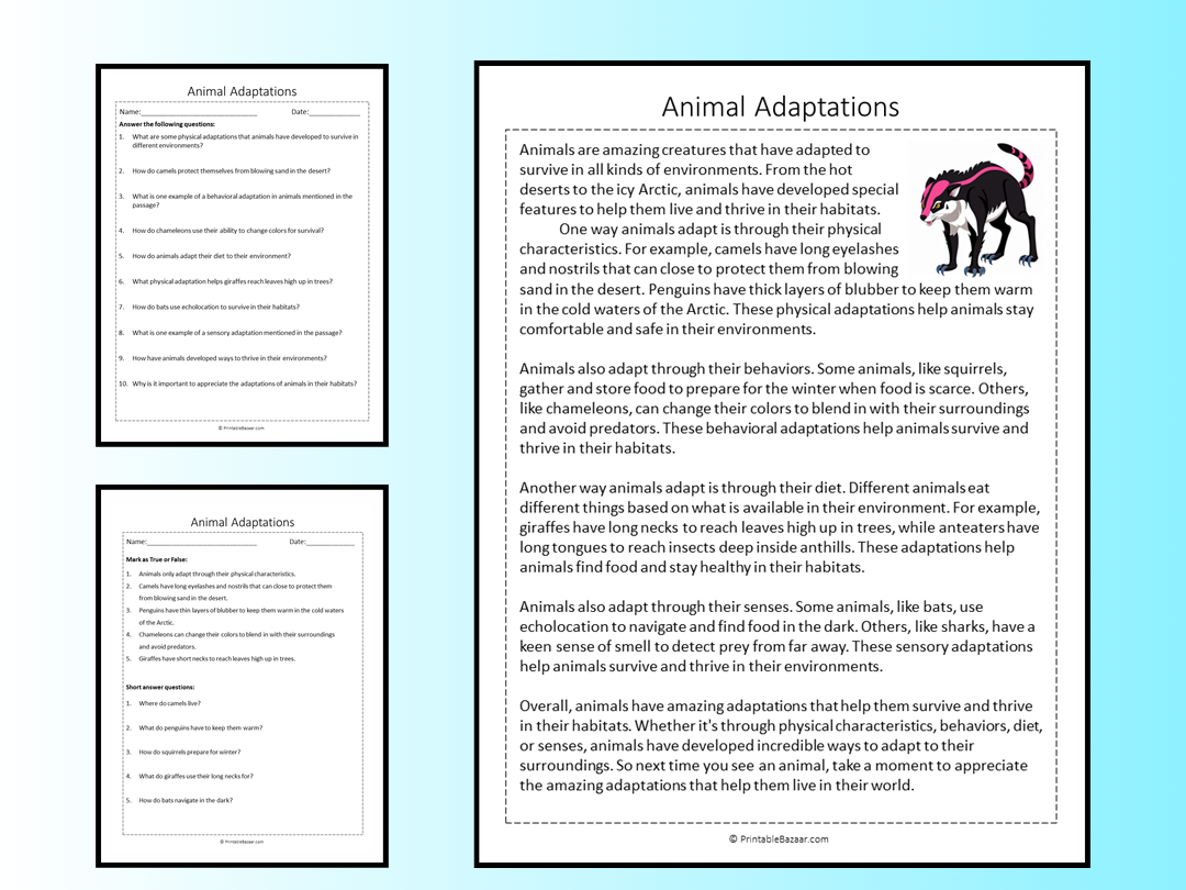 Animal Adaptations Reading Comprehension Passage Printable Worksheet Teaching Resources
