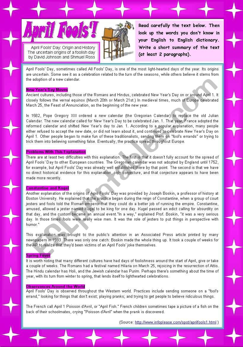 April Fools Day Reading Comprehension Worksheets