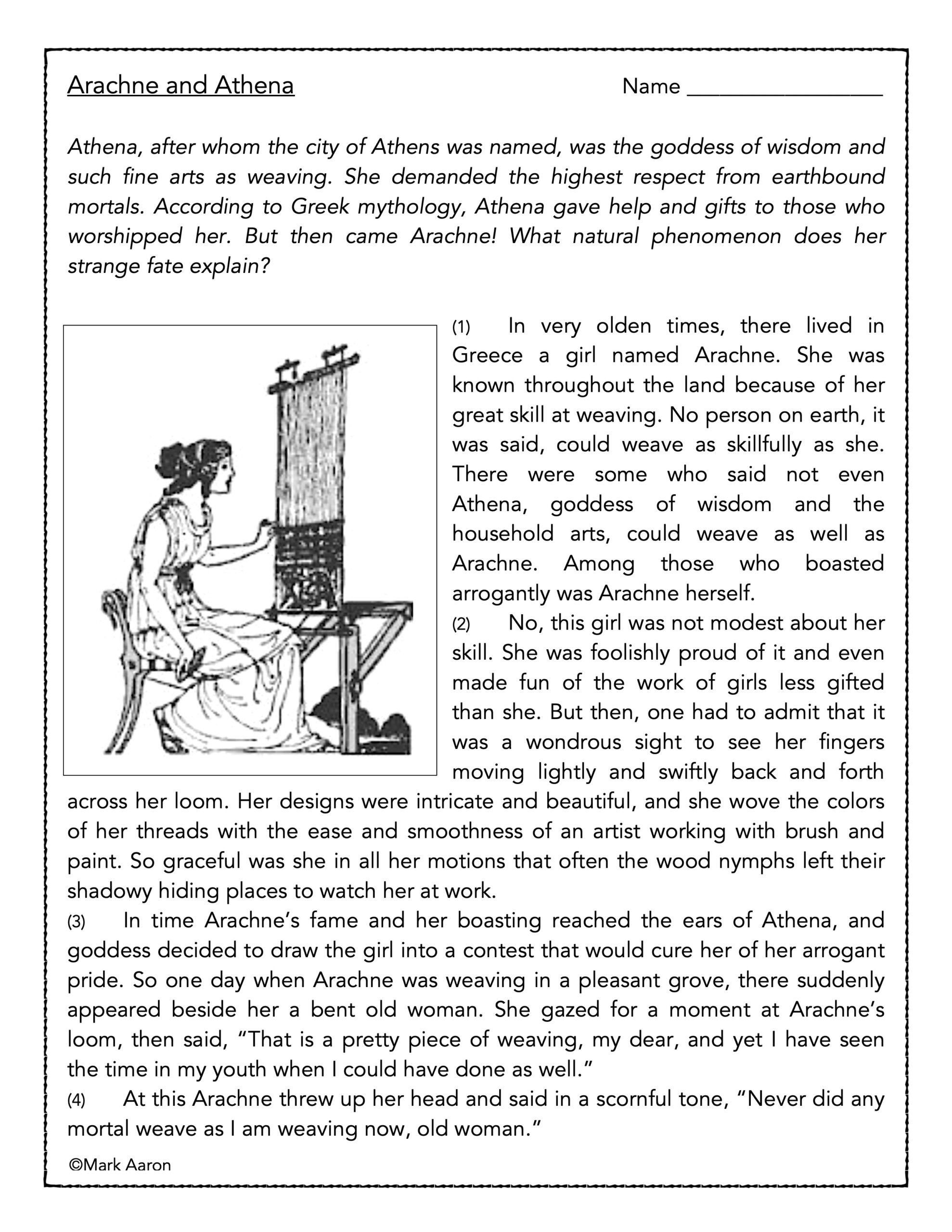 Greek Mythology Reading Comprehension Worksheets